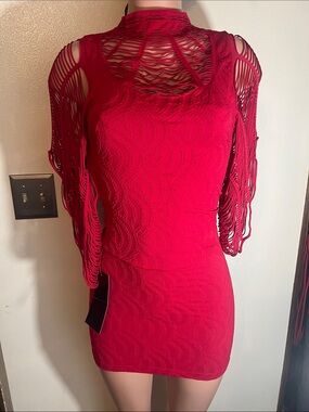 bebe Red Mini Bodycon Dress with Cutout Sleeve Details